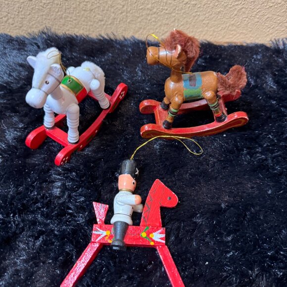 Vintage Wooden Rocking Horse Christmas Ornaments Set Of 3 - Picture 1 of 4